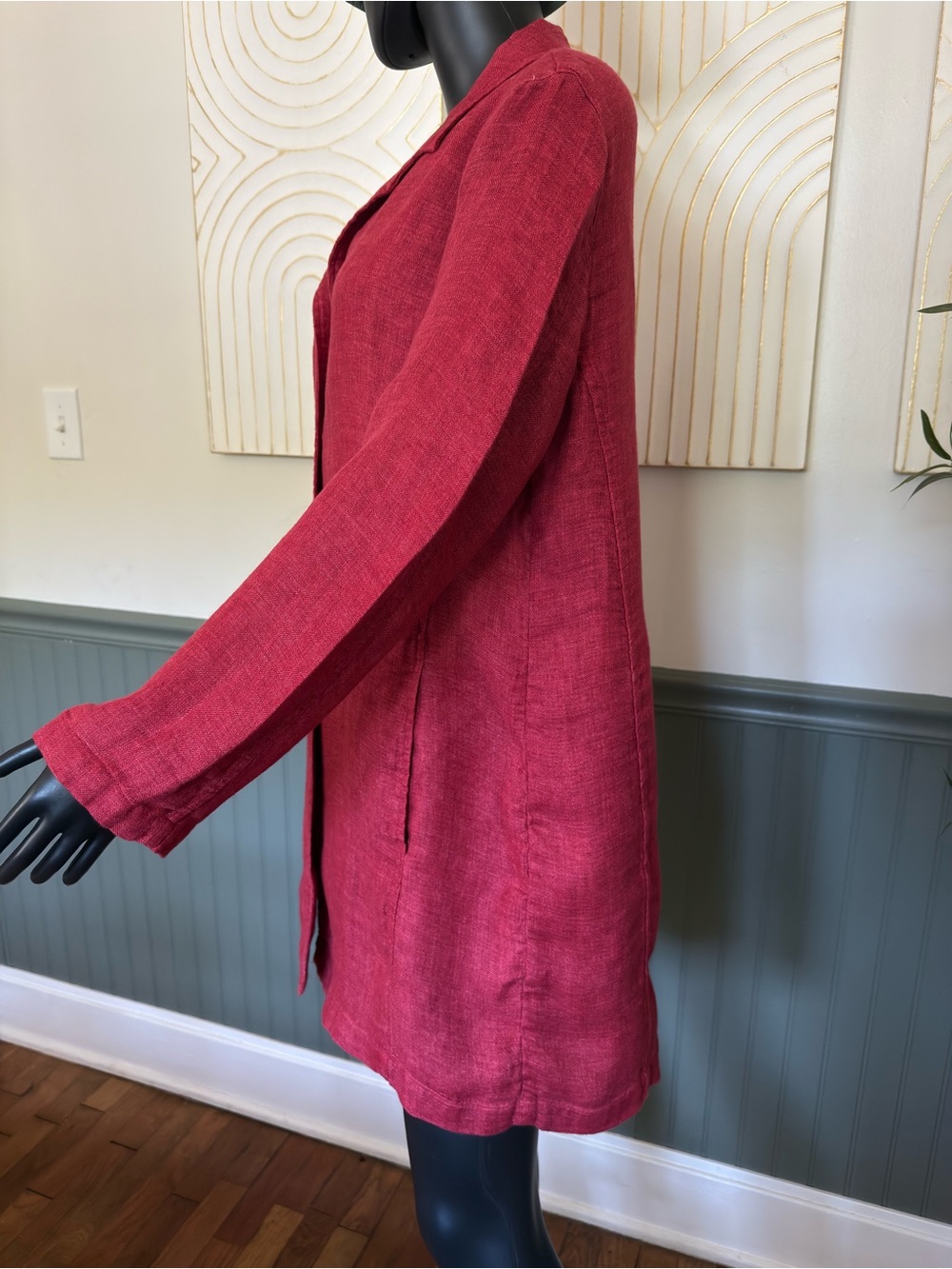 Eileen Fisher 100% Linen Raspberry Red Long Jacket | Chic Lightweight Layer - Picture 10 of 17